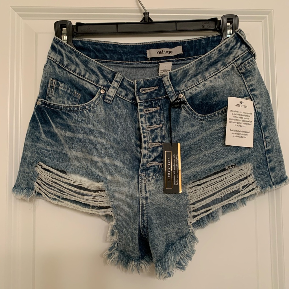 Refuge Hi-Rise Cheeky destroyed denim shorts